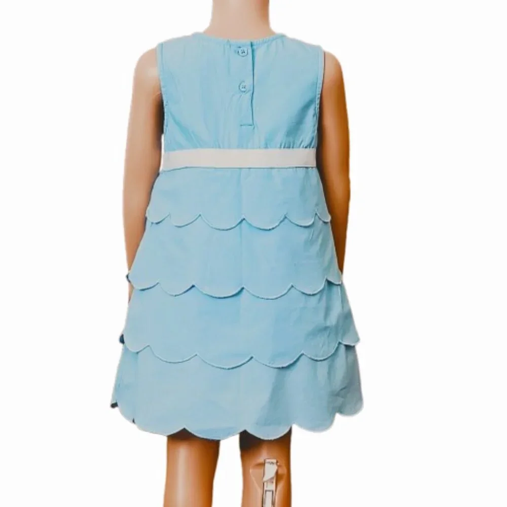 Girl's Blue Layered Scalloped Dress 4 Sleeveless with White Ribbon & Bow Retro